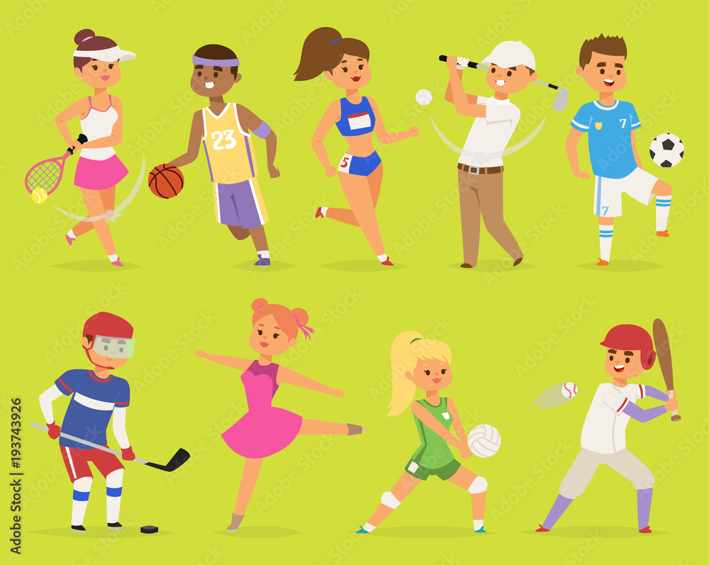 Ssportsmen vector cartoon characters boy and girl people basketball,  hockey, baseball, running happy character sport people adult exercise.  competition set group fitness sport people runner training Stock Vector |  Adobe Stock