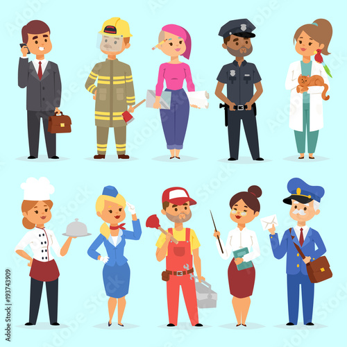 People different professions vector illustration. Success teamwork diversity human work lifestyle. Standing successful young professions policeman, doctor, fireman, chef person character in uniform