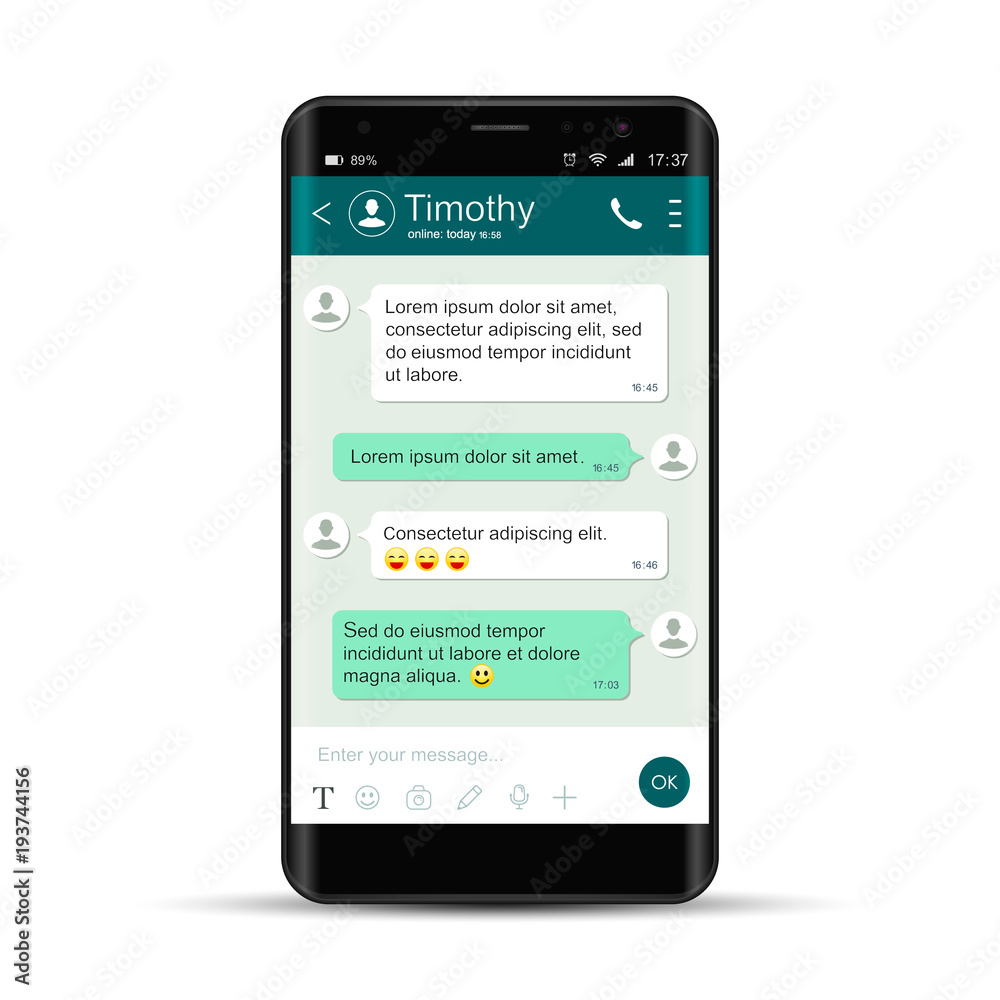 Smartphone with messenger on monitor. Chatting and messaging. Social network concept. Realistic vector isolated phone Smartphone with messenger on monitor. Chatting and messaging. Social network concept. Realistic vector isolated phone