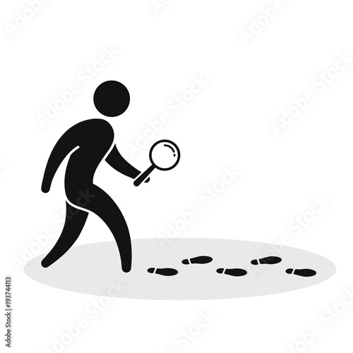 Detective investigate is following footprints. Man with loupe search footstep Vector illustration