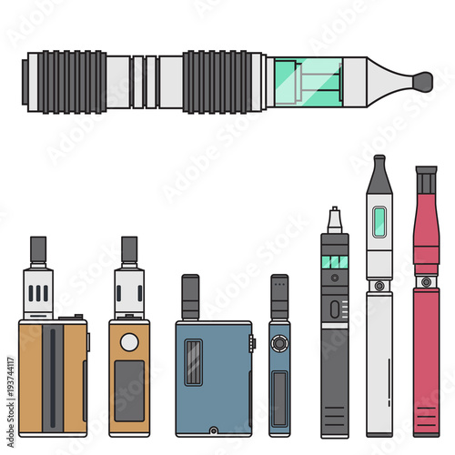 Vape device vector cigarette vaporizer vapor juice vape bottle flavor illustration battery coil electronic nicotine liquid smoking atomizer device e-liquid.