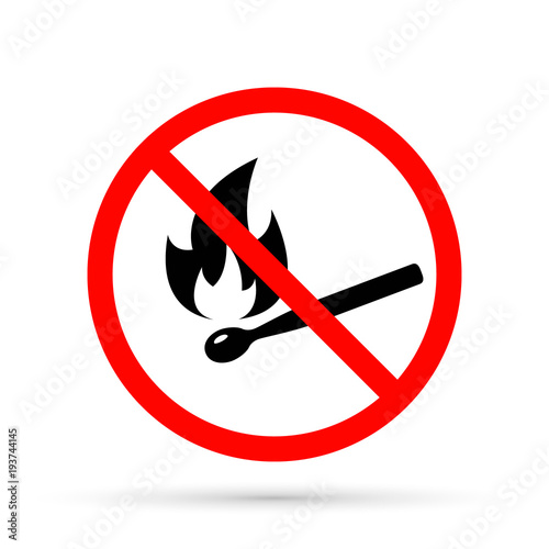 No open flame sign. No fire prohibition sign. Flat vector illustration, Match and flame