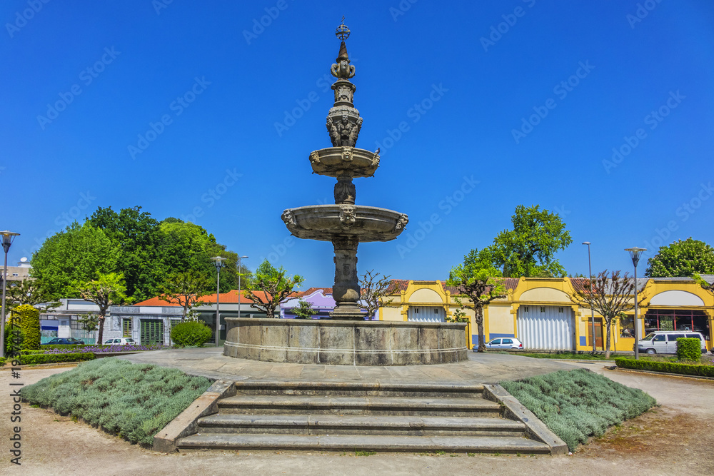 Fountain of Campo das Hortas (Chafariz do Campo das Hortas, 1594) - fountain located in the centre of garden space fronting the Arco da Porta Nova in Braga. Portugal.