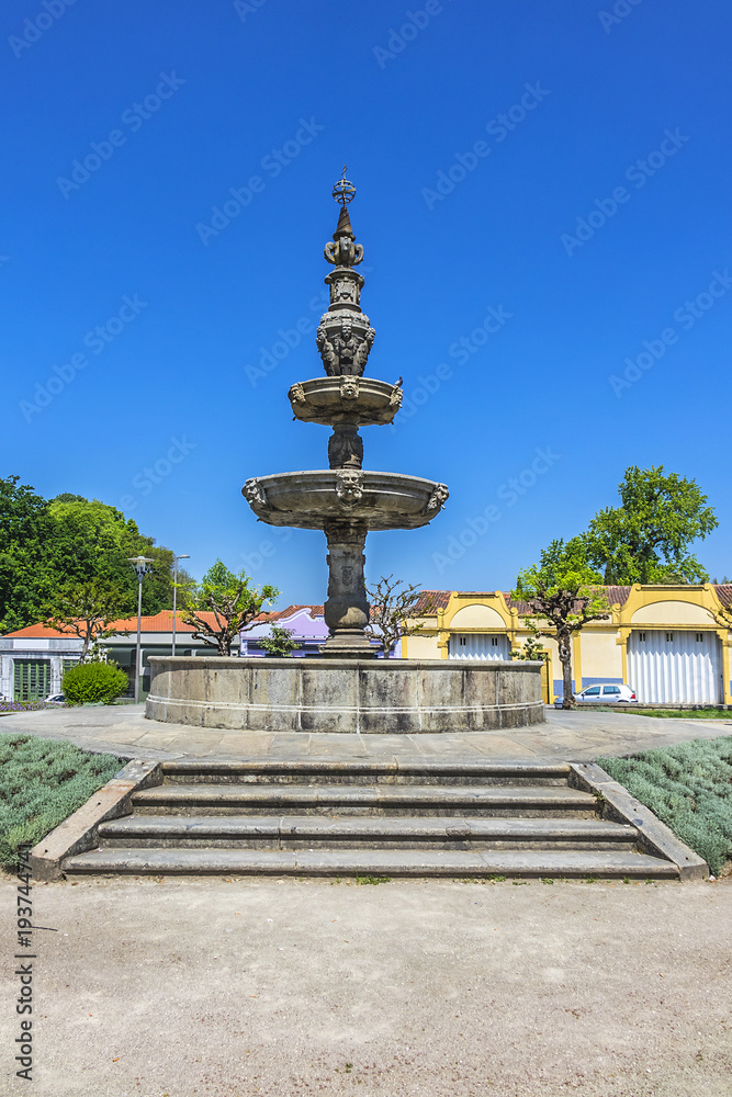 Fountain of Campo das Hortas (Chafariz do Campo das Hortas, 1594) - fountain located in the centre of garden space fronting the Arco da Porta Nova in Braga. Portugal.