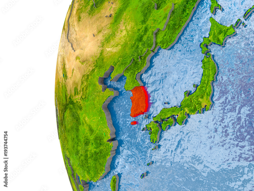 Map of South Korea on model of globe