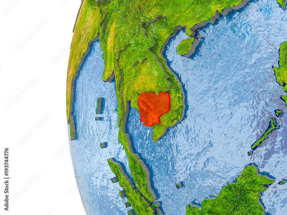Map of Cambodia on model of globe