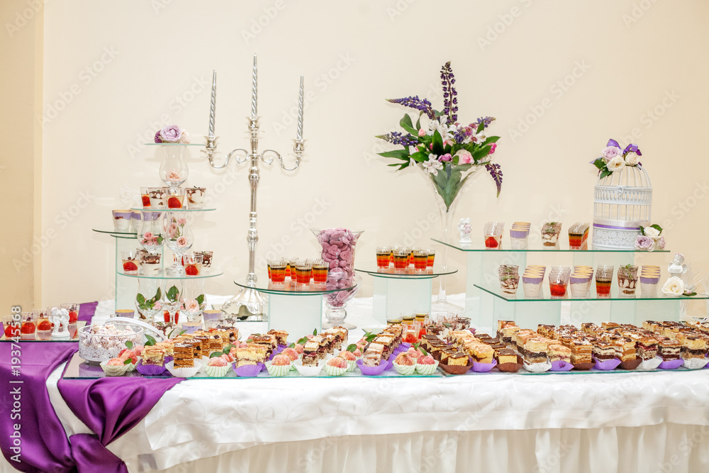 Assorted gourmet desserts. Candy Bar. Concept party, wedding, restaurant, catering, dessert.