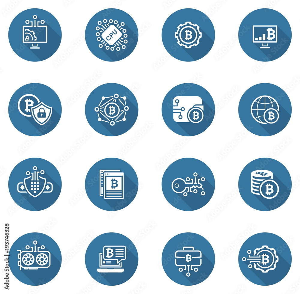 Bitcoin and Blockchain Cryptocurrency Icons. Bitcoin and Blockchain Cryptocurrency Icons.