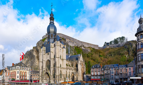Cityscape of Dinant, Belgium on river Meuse with Collegiate church of Notre-Dame and citadel