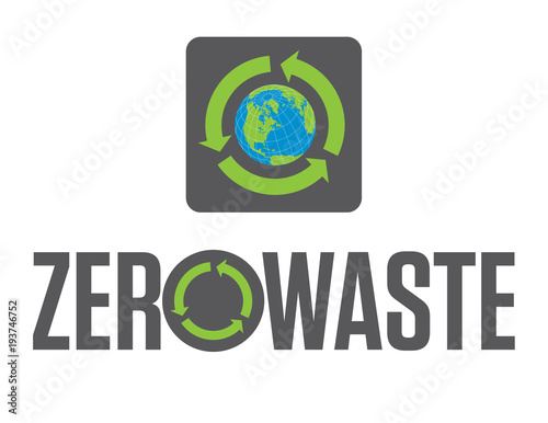 Zero Waste Badge or Emblem Vector Design.
Set of two Zero Waste graphic design elements with rotating life cycle or recycle arrows symbol and planet earth icon.