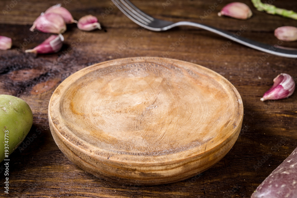 grunge wooden tray on rustic board grunge wooden tray on rustic board