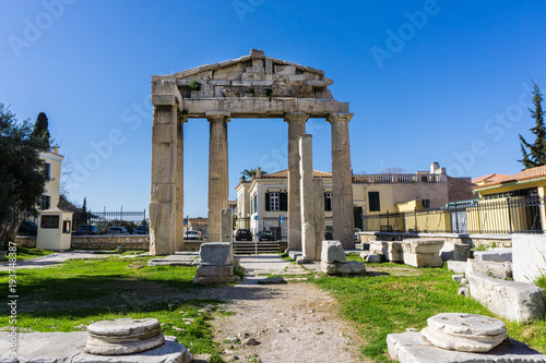 The gate of Athena Archegetis in the Roman Market in Athens Greece. The impressive Gate of Athena Archegetis lies on the west side of the Roman Agora.