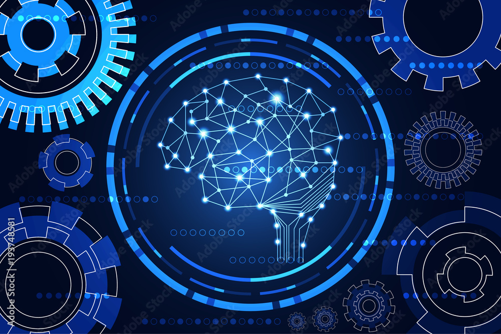 Obraz premium abstract technology science concept brain digital link and gear on hi tech blue background