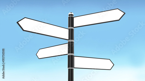 Road sign with four blank arrow for text and blue sky background. 3D illustration © Emilija