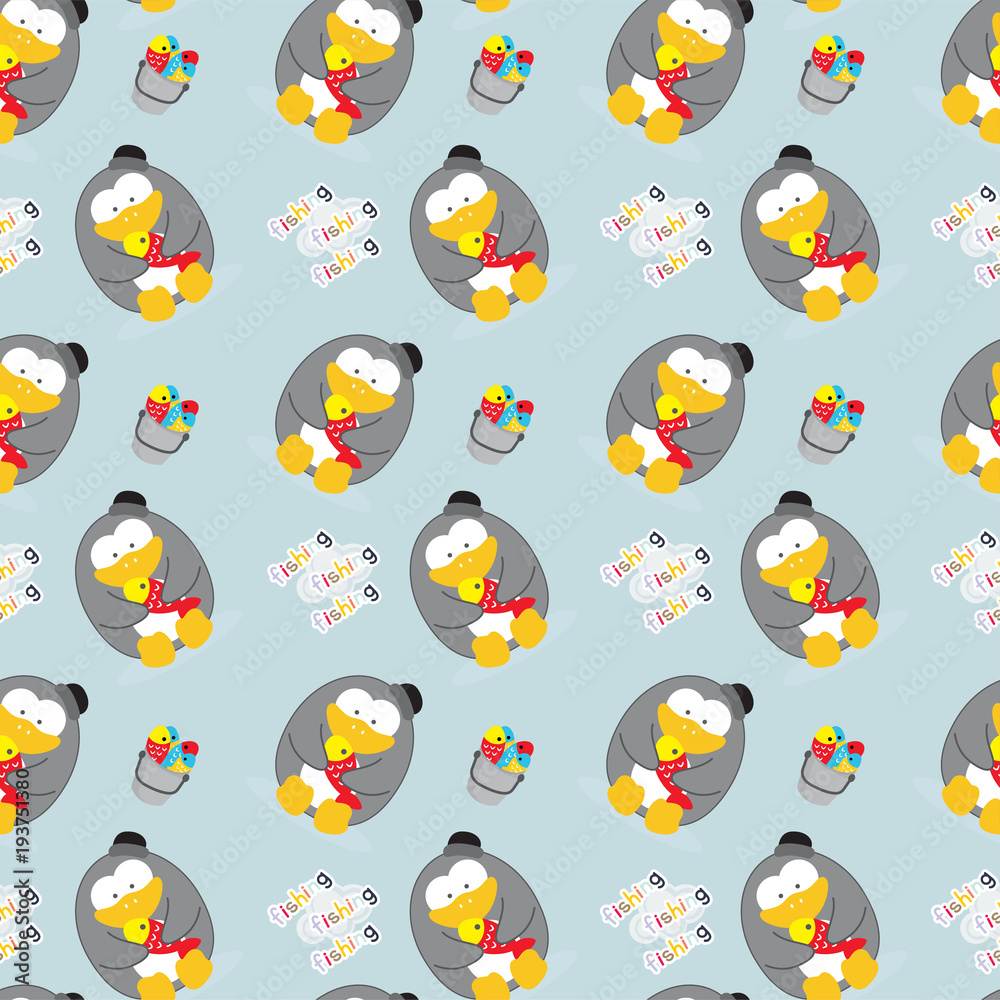 Fototapeta premium Cute penguin do fishing seamless pattern
