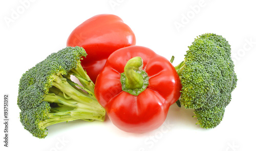 red pepper and broccoli on white background