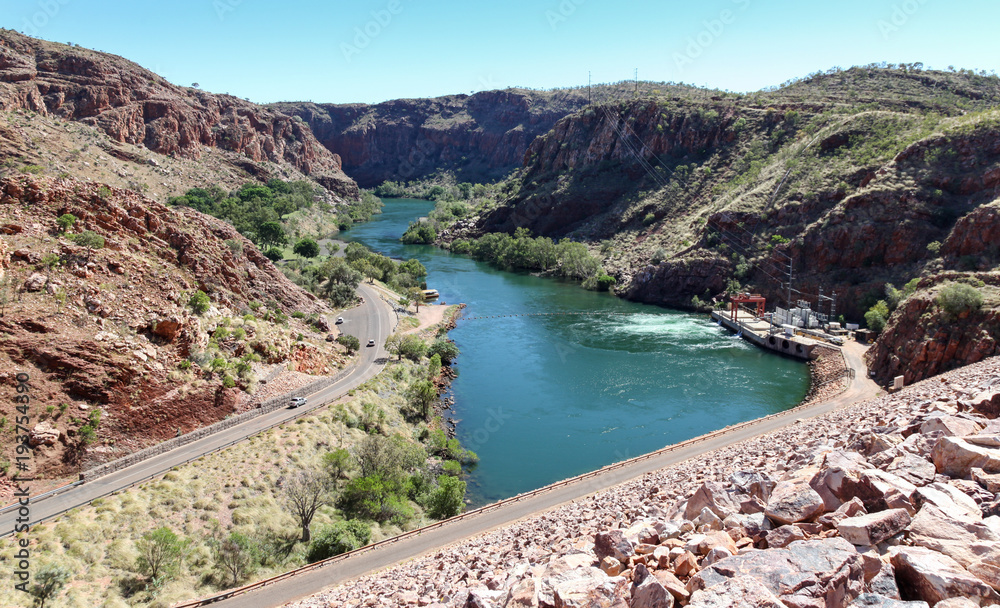 Ord River - Western Australia. The Ord river and irrigation scheme in Australia's north allows agriculture in the area. This image from the dam wall shows the river and hydro power station.