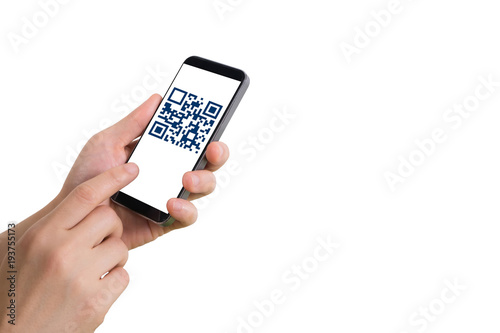 human hand holding smart phone, tablet, cellphone with QR code screen on isolated white background. concept of Authentication permission and online shopping.