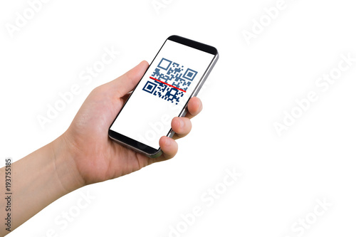 human hand holding smart phone, tablet, cellphone with QR code screen on isolated white background. concept of Authentication.