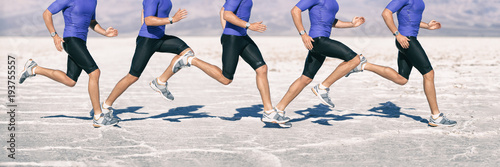 Biomechanis of running - gait cycle movement analysis of runner sprinting through desert jogging fast. Closeup of legs and shoes composite of motion.