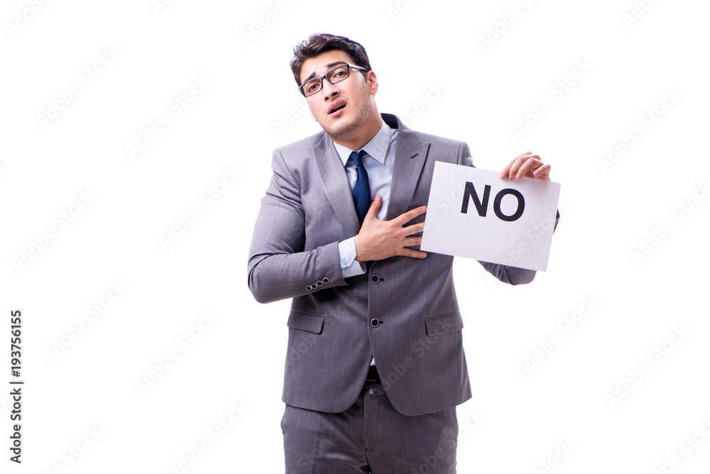 Businessman in negative no answer isolated on white background Businessman in negative no answer isolated on white background