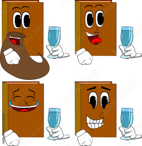 Books with a glass of water. Cartoon book collection with happy faces. Expressions vector set.