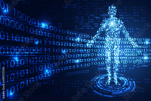 abstract technology concept human digital link and binary on hi tech background