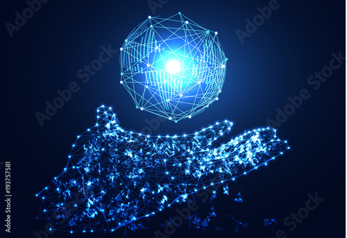 abstract technology concept hand digital link and world on hi tech background