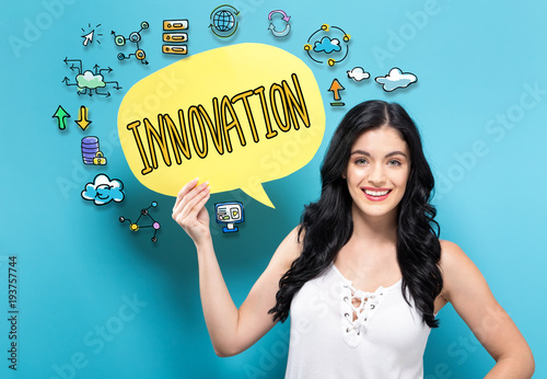 Innovation with young woman holding a speech bubble