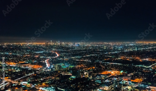 Aerial view of highways leading to Downtown Los Angeles at night