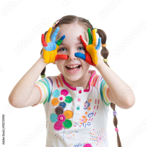 Portrait of child girl with painted hands isolated