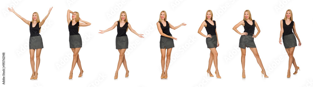 Blond hair model wearing gray skirt isolated on white Blond hair model wearing gray skirt isolated on white