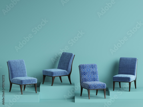 Blue chairs on cyan backgrond with copy space. Concept of minimalism. 3d rendering mock up © Ramil