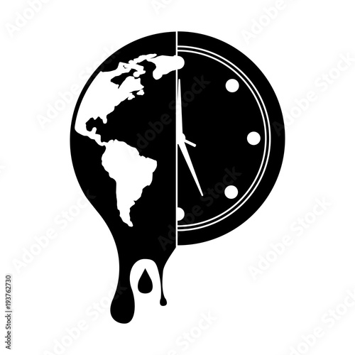 melting earth planet and clock time environment vector illustration black and white design