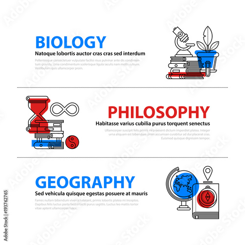 Set of three web banners about education and college subjects in flat illustration style on colorful background. Biology, philosophy and geography.