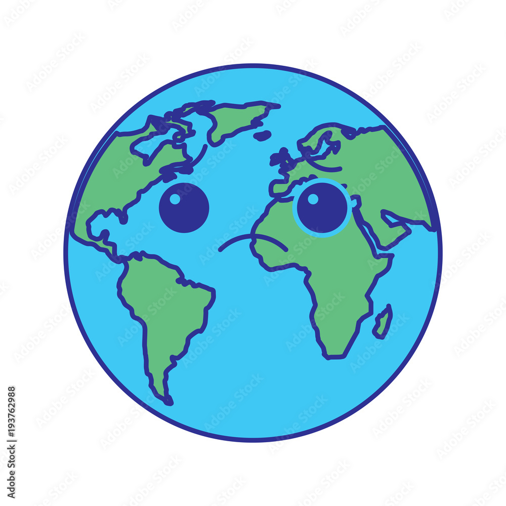 cartoon earth globe planet sad character vector illustration blue green design