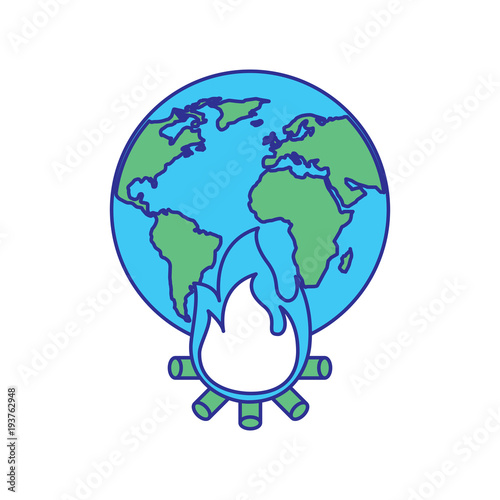 earth world globe with fire burning for climate change disasters vector illustration blue green design