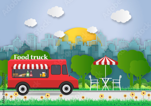Creative ideas of Food Truck with Food delivery. Picnic. Mobile cafe in public park.Outdoor recreation. paper art and digital craft style. vector Illustration