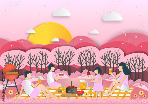 Creative ideas of Family on picnic in public park.Outdoor recreation. paper art and digital craft style. vector Illustration.