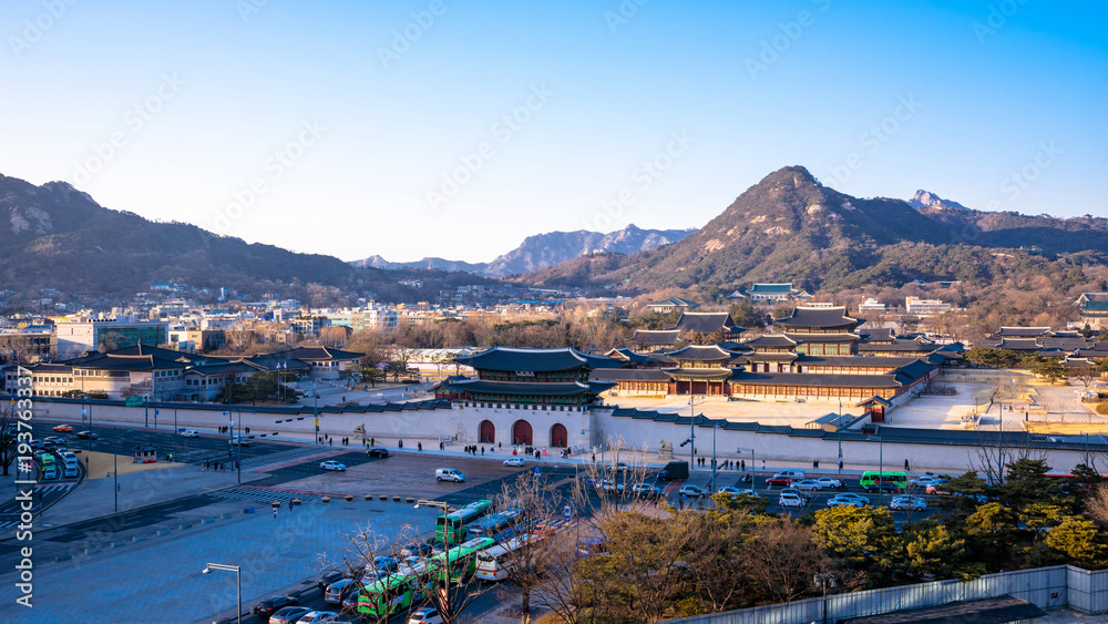 Aerial photograph of Gwanghwamun gate  and Gyeongbokgung palace. Seoul, South Korea