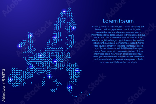 Map European Union from printed board, chip and radio component with blue star space on the contour for banner, poster, greeting card, of vector illustration.
