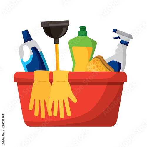 container with cleaning supplies gloves plunger sponge spary bottle and detergent vector illustration