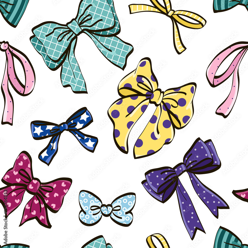 Cute seamless pattern with beautiful hand drawn bows. Vector doodle
