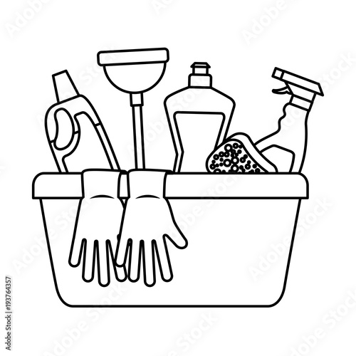 container with cleaning supplies gloves plunger sponge spary bottle and detergent vector illustration outline image