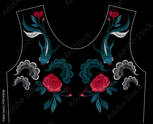 Embroidery stitches with ethnic koi fish and flowers for neckline. Fashion embroidered ornament for textile, fabric traditional folk decoration. Vector illustration.