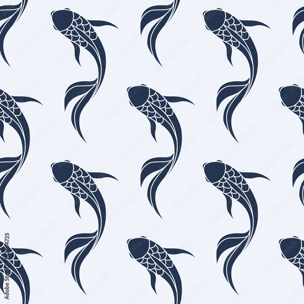 Naklejka premium Japanese seamless pattern with koi carps. Chinese vector background with koi fish.