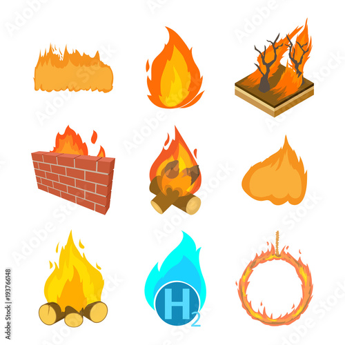 Fire icon set, cartoon style