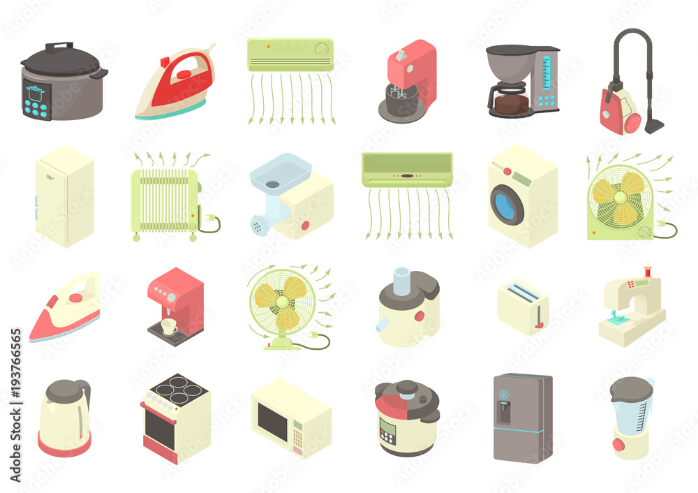 Home appliances icon set, cartoon style Home appliances icon set, cartoon style