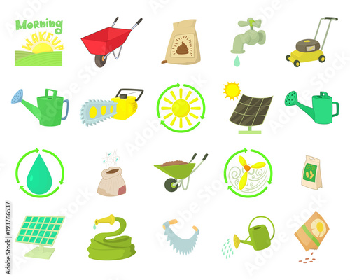 Farm tools icon set, cartoon style