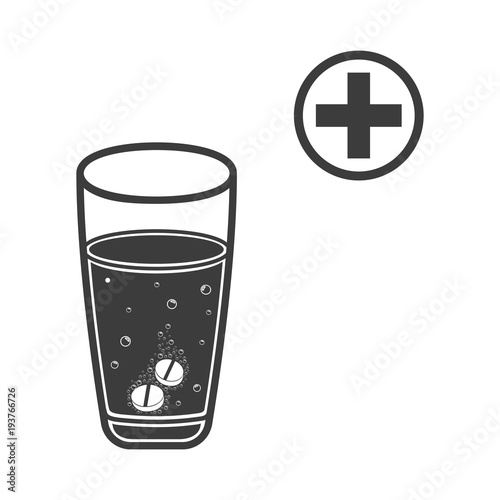 Vector illustration glass with water and tablet in it. Effervescent pill, tablet. Flat black vector illustration on white background.